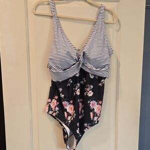 Navy Floral and Striped Women's One Piece Swimsuit